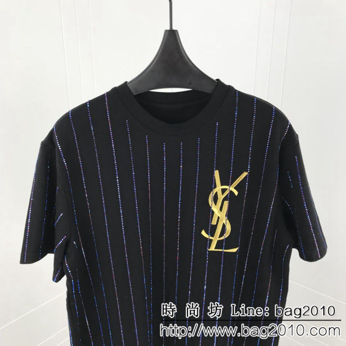 YSL聖羅蘭 19ss最新元素 條紋萬鑽 加厚純棉短袖 情侶款 ydi1468